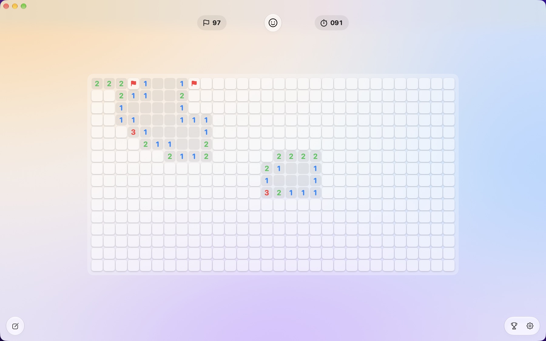 Minesweeper Duo on a Mac, an Expert board in the Liquid Glass theme